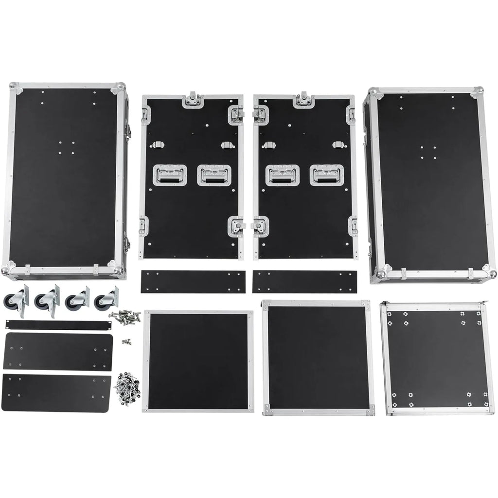 14U Mobile PA DJ Rack Road Case, Network & Stereo Rack with DJ Mixer Tops, Heavy-Duty 2-Tier Studio Equipment Cabinet with 4 Wheels, Amplifier Mixer Storage Stand for Live Sound, KTV, Home Theater