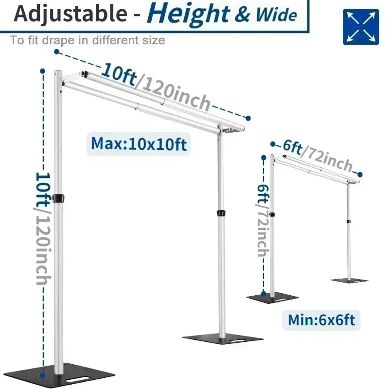 Adjustable Pipe & Drape Backdrop Stand — Portable Aluminum, 10x10ft & 10x20ft for Weddings