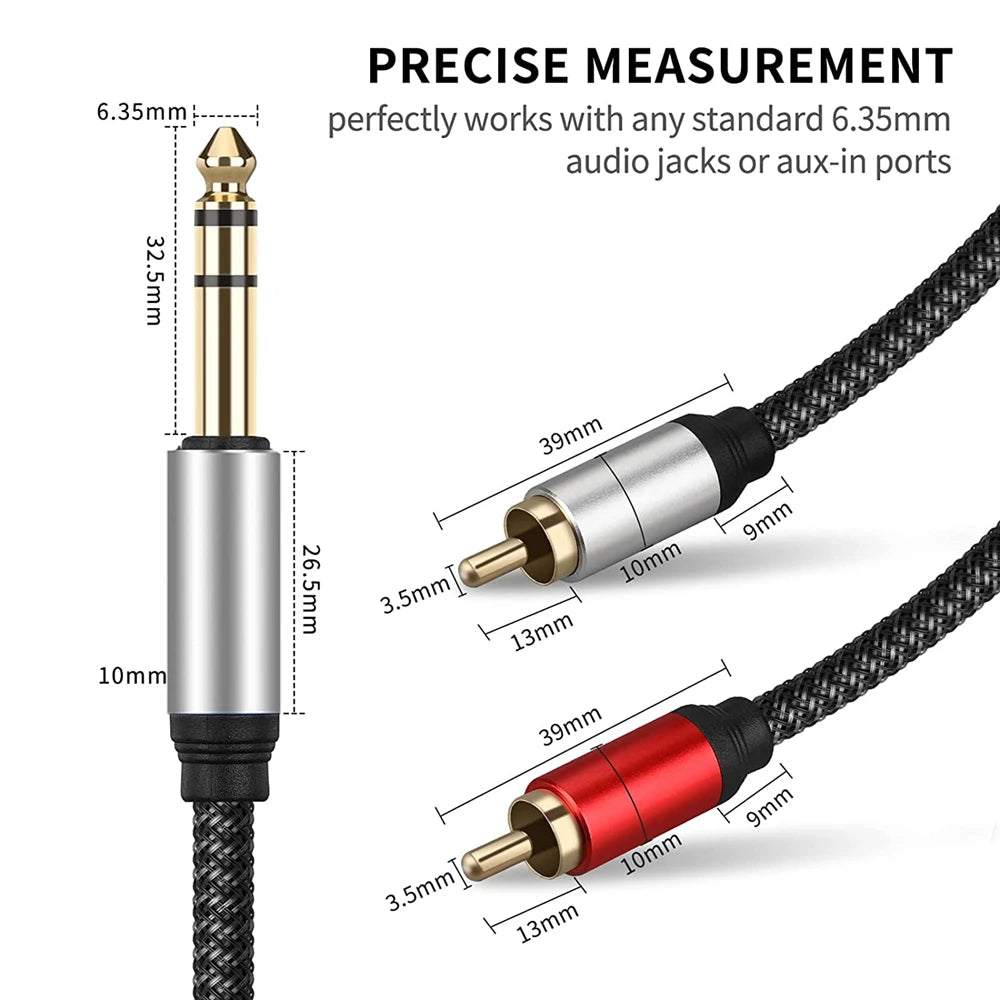 6.35mm Male to Dual RCA Male Splitter Cable — Professional 1/4" TRS to RCA Adapter with Gold-Plated Connectors (1m, 2m, 3m)