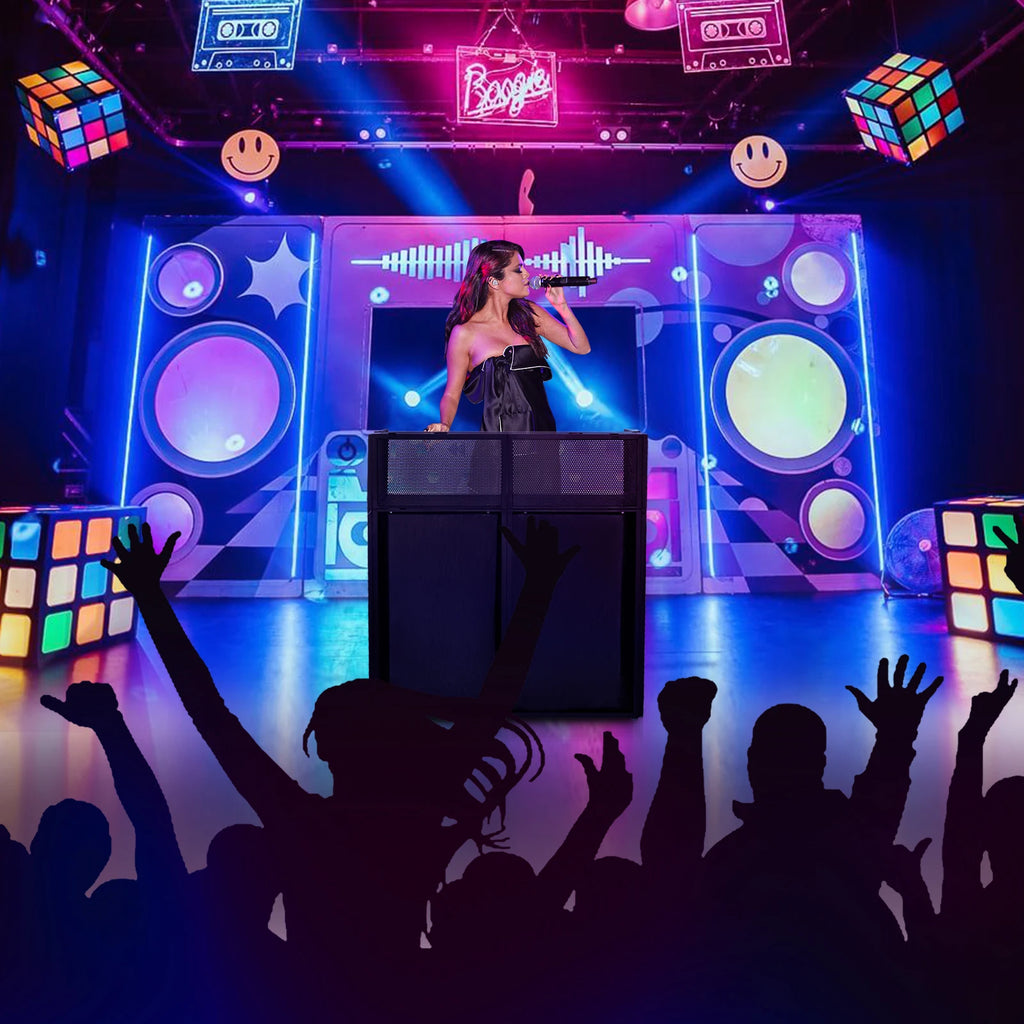 Portable DJ Booth Stand — Foldable Metal Frame DJ Table with Black & White Scrims & Carry Bag