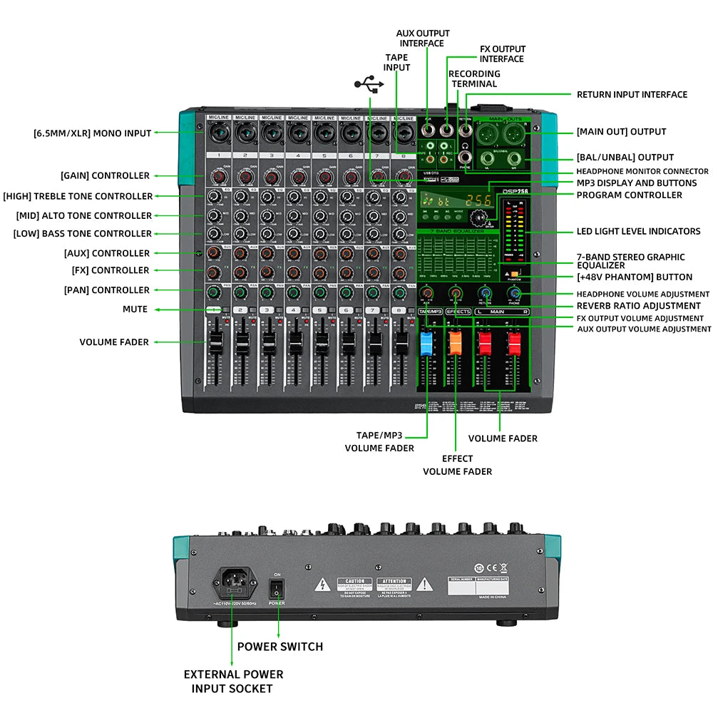 Professional Audio Mixer Depusheng MG8 8 Channel Sound Board Console DJ Mixing Desk System Interface Built-in 256 Reverb Effect