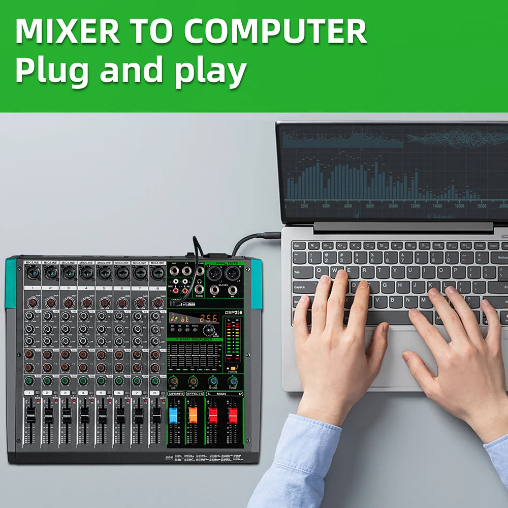Professional Audio Mixer Depusheng MG8 8 Channel Sound Board Console DJ Mixing Desk System Interface Built-in 256 Reverb Effect