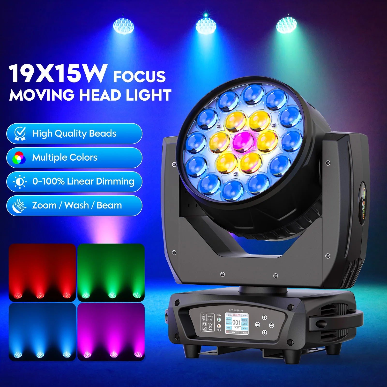 2 Pcs 19x15W Beam Moving Head Light RGBW LED Lighting DMX Stage Effect