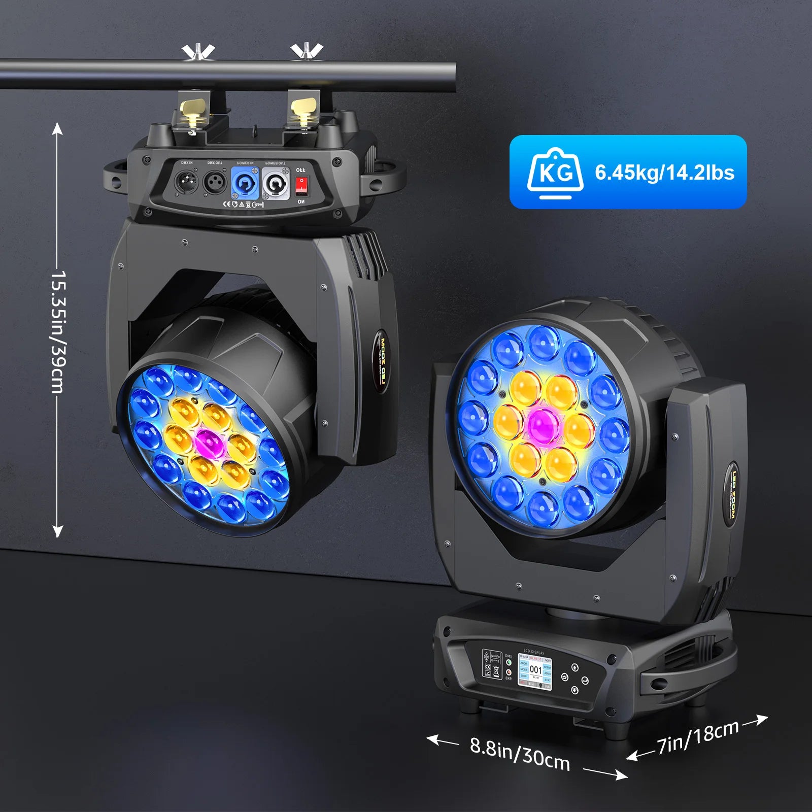 2 Pcs 19x15W Beam Moving Head Light RGBW LED Lighting DMX Stage Effect