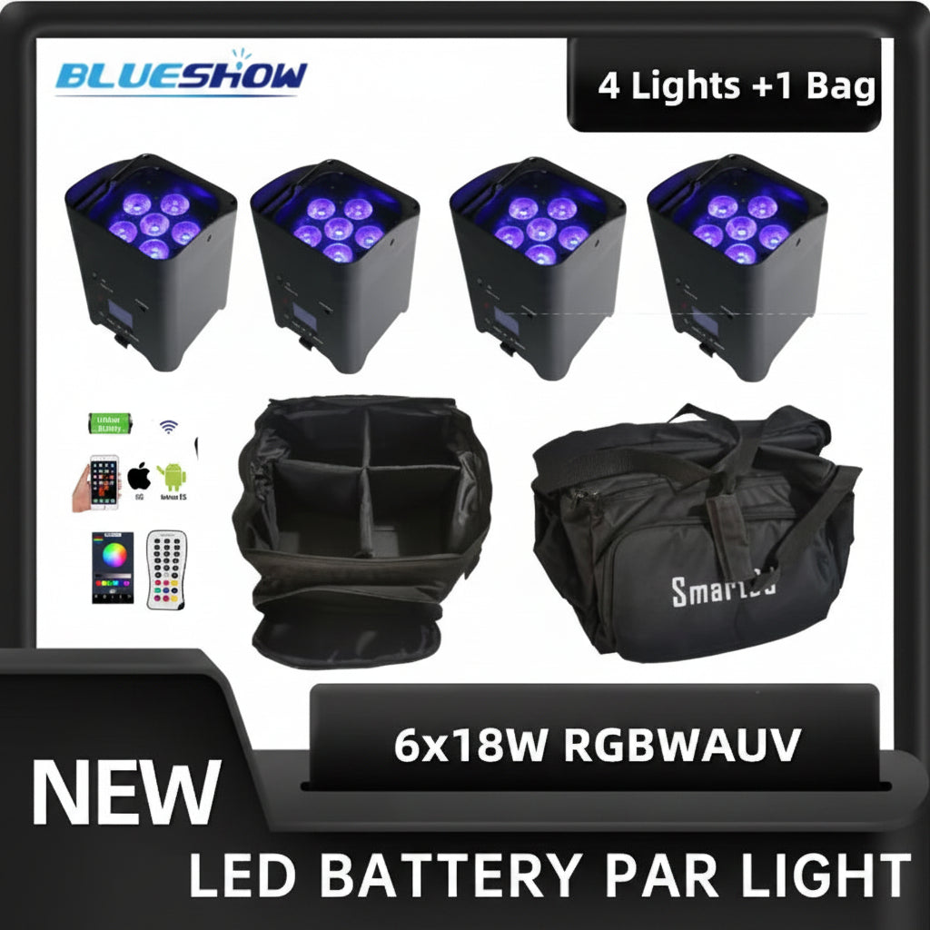 4 pcs Wireless Battery Par Lights with Bag 6x18W 6 in 1 Remote