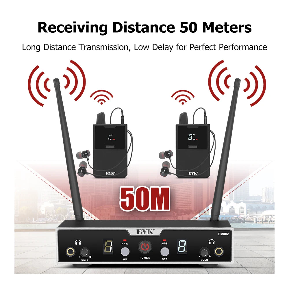 EYK EM802 2 Channels in Ear Monitor System with 2 Bodypack Receiver Monitoring for Stage Performance Studio Recording UHF 50M