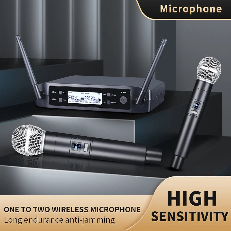 Dual Channel UHF Wireless Handheld Microphone System — Fixed Frequency Dynamic Mics for Karaoke, Wedding & Events