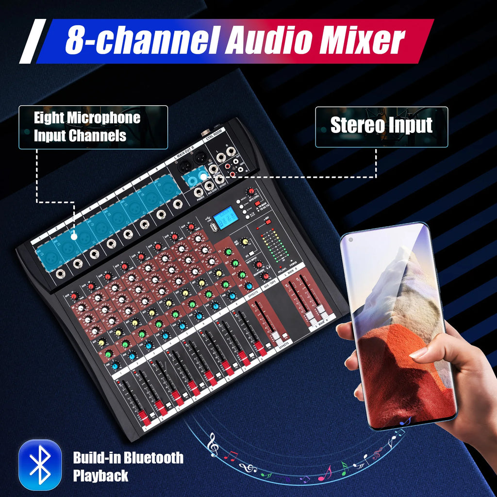 7/8-Channel Professional Mixer Soundboard Console with Bluetooth USB PC Recording Input XLR Microphone Jack