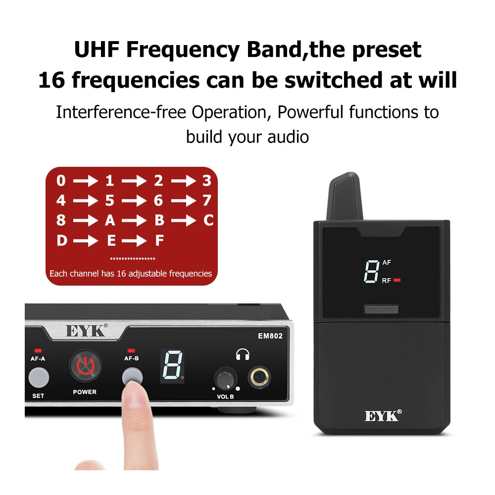 EYK EM802 2 Channels in Ear Monitor System with 2 Bodypack Receiver Monitoring for Stage Performance Studio Recording UHF 50M