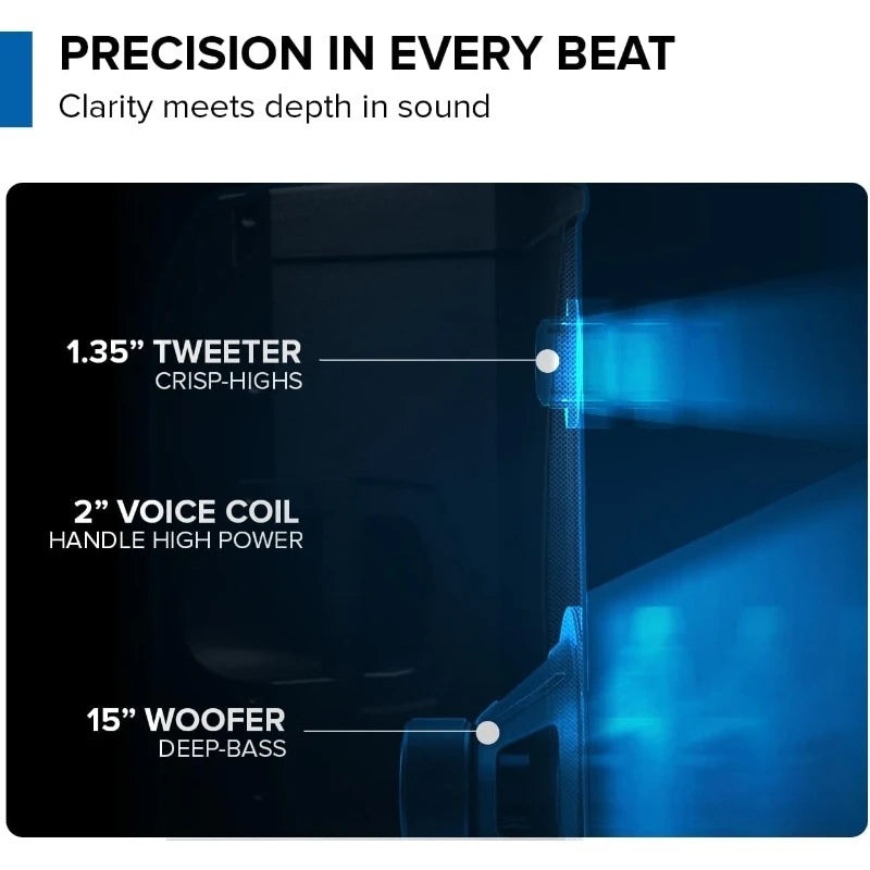 GD-215PRO 1300W Bluetooth DJ PA Speaker — 15" Woofer with 3-Channel Mixer, EQ & Titanium Tweeter for Live Events & DJ