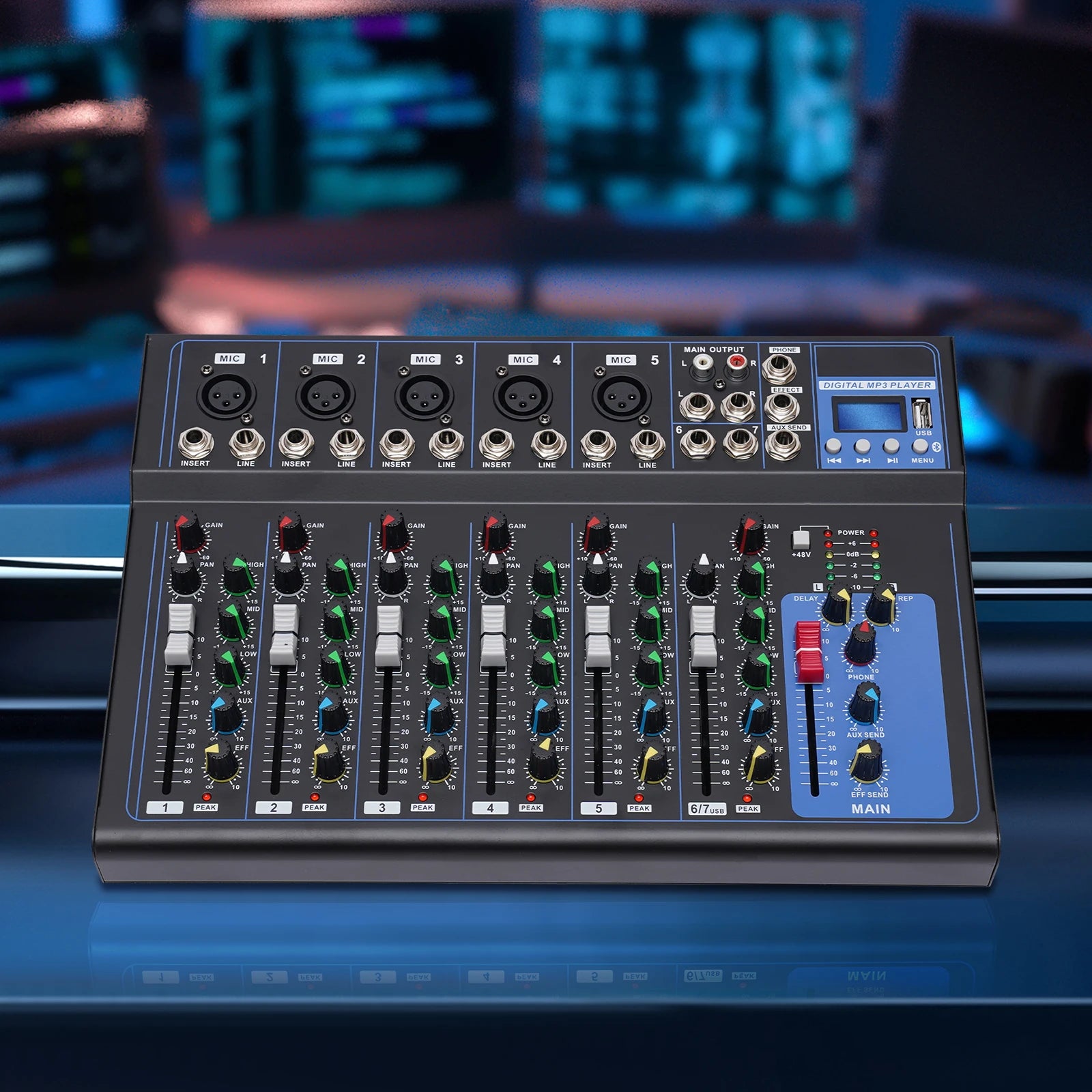 Bluetooth Portable 7-channel Audio Mixer with USB DJ Sound Mixing Console