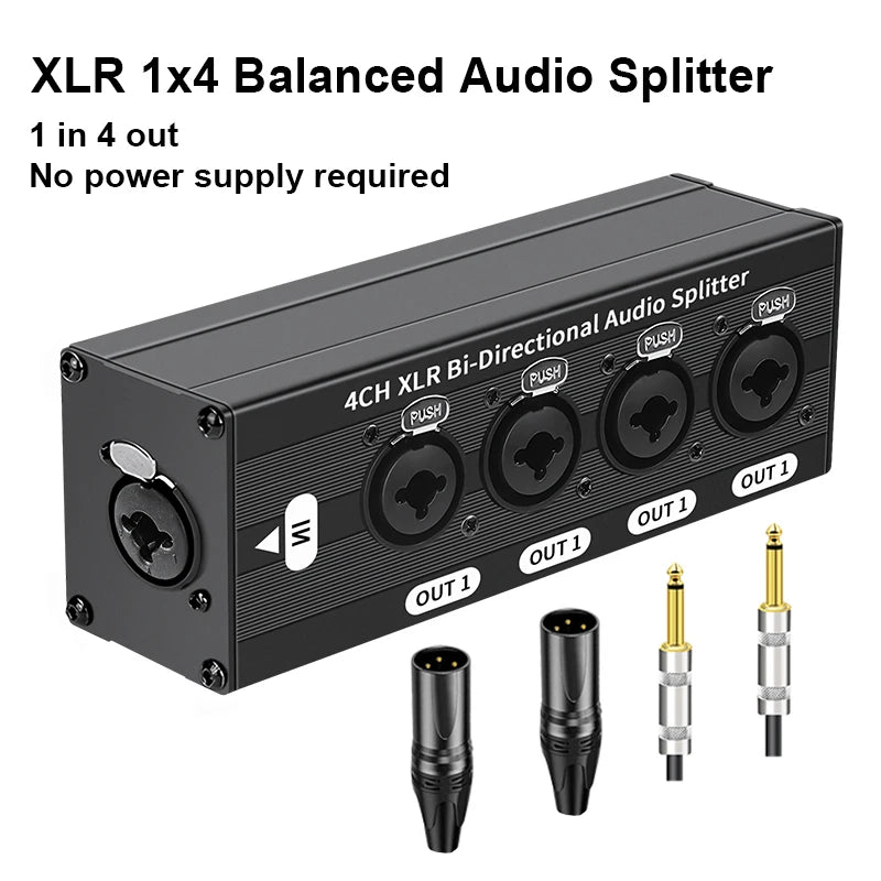 TITAK XLR Audio Splitter 1x4 3-Pin Balanced — 1 Input 4 Output Signal Distribution (No Power Needed)