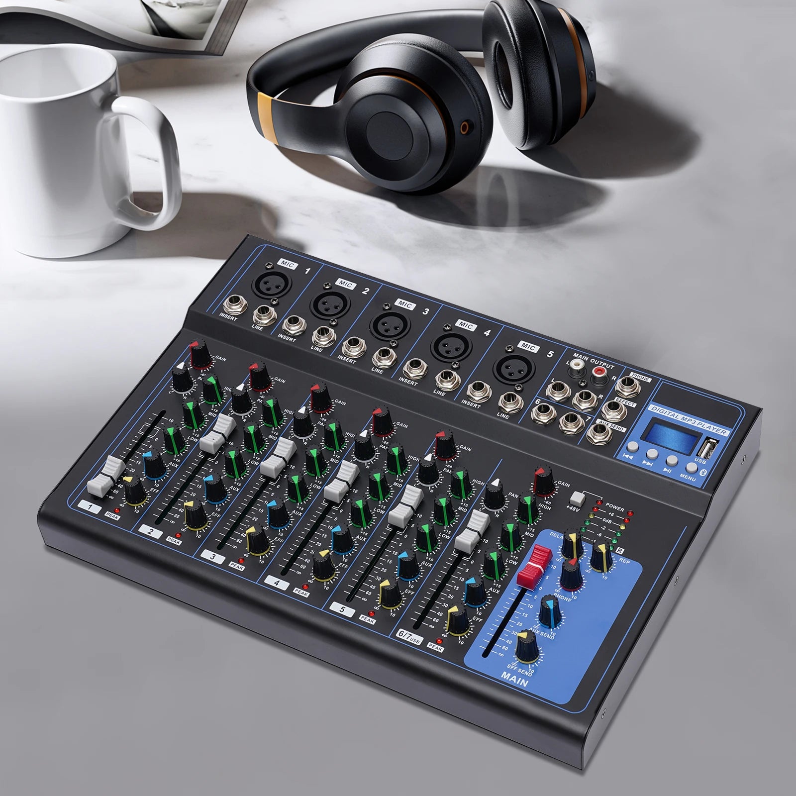 Bluetooth Portable 7-channel Audio Mixer with USB DJ Sound Mixing Console