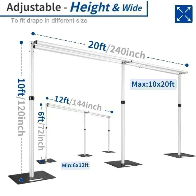 Adjustable Pipe & Drape Backdrop Stand — Portable Aluminum, 10x10ft & 10x20ft for Weddings