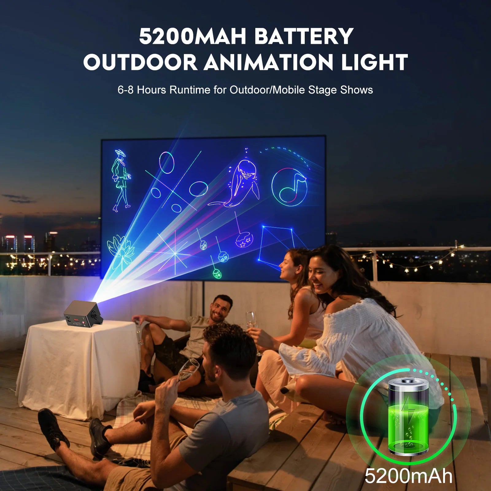 Datewink 25W RGB 3D Animation Laser Projector — Bluetooth App Control, 16-Channel DMX, Battery-Powered DJ Stage Light"