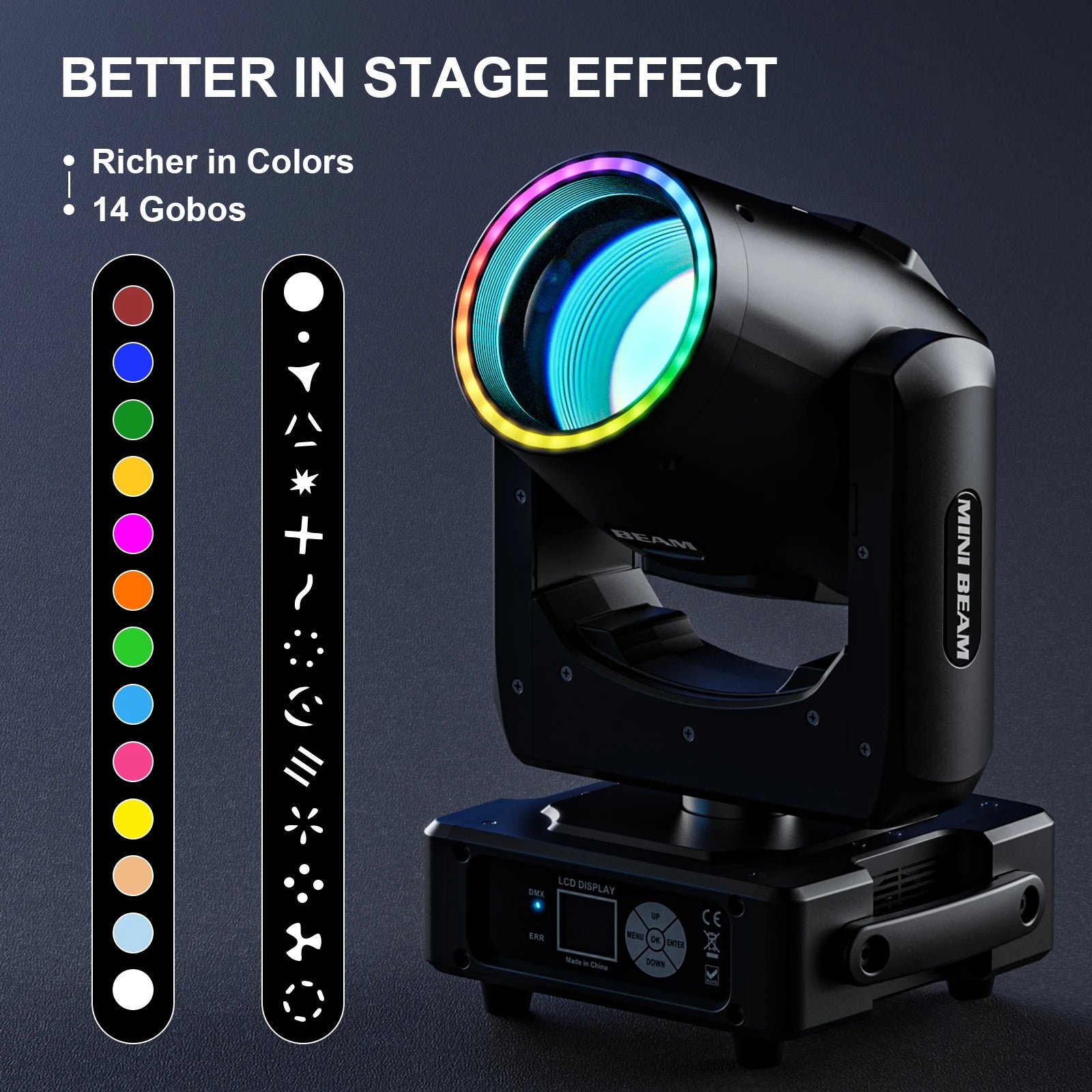 U`King 230W Mini Moving Head Lights RGBW DMX512 Stage Lights With 14 Gobos 13 Colors 18 Channels For DJ Disco Wedding Party