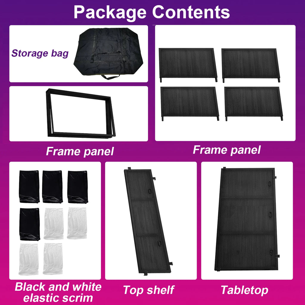 Portable DJ Booth Stand — Foldable Metal Frame DJ Table with Black & White Scrims & Carry Bag