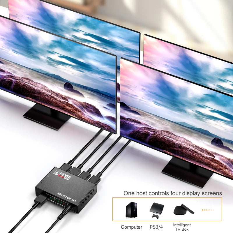 4K HDMI Splitter 1 in 4 Out — Professional Duplicator for 4 Displays, Broadcast & Control Rooms
