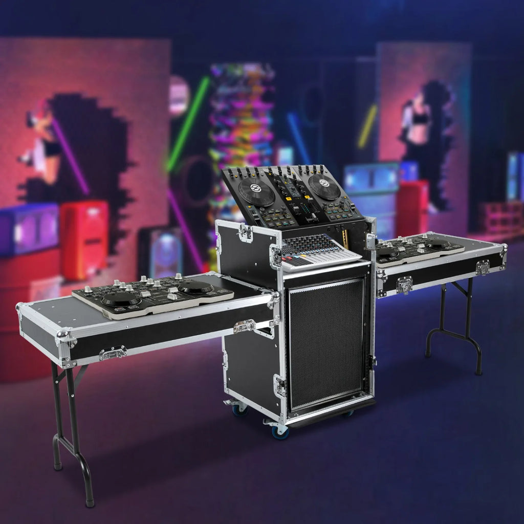 14U Mobile PA DJ Rack Road Case, Network & Stereo Rack with DJ Mixer Tops, Heavy-Duty 2-Tier Studio Equipment Cabinet with 4 Wheels, Amplifier Mixer Storage Stand for Live Sound, KTV, Home Theater