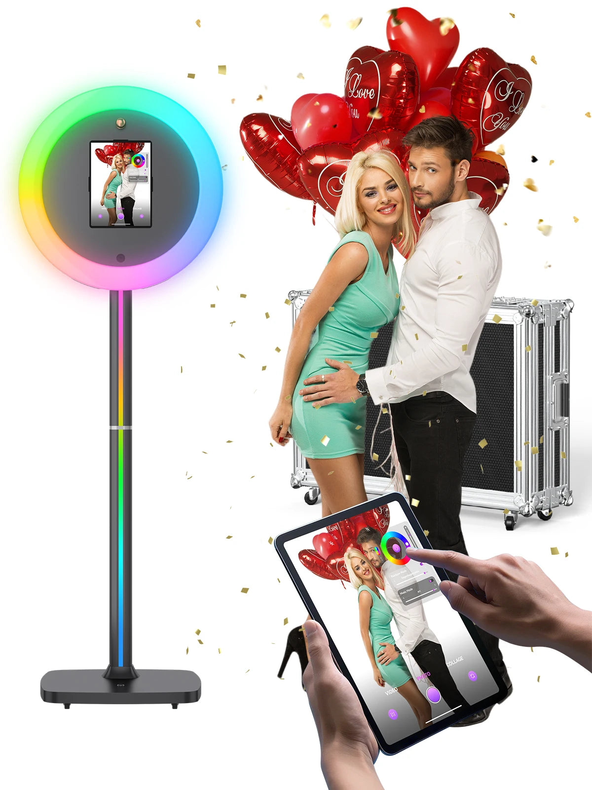 Q1 iPad Photo Booth — Portable Professional Selfie Station with RGB Ring Light & Flight Case