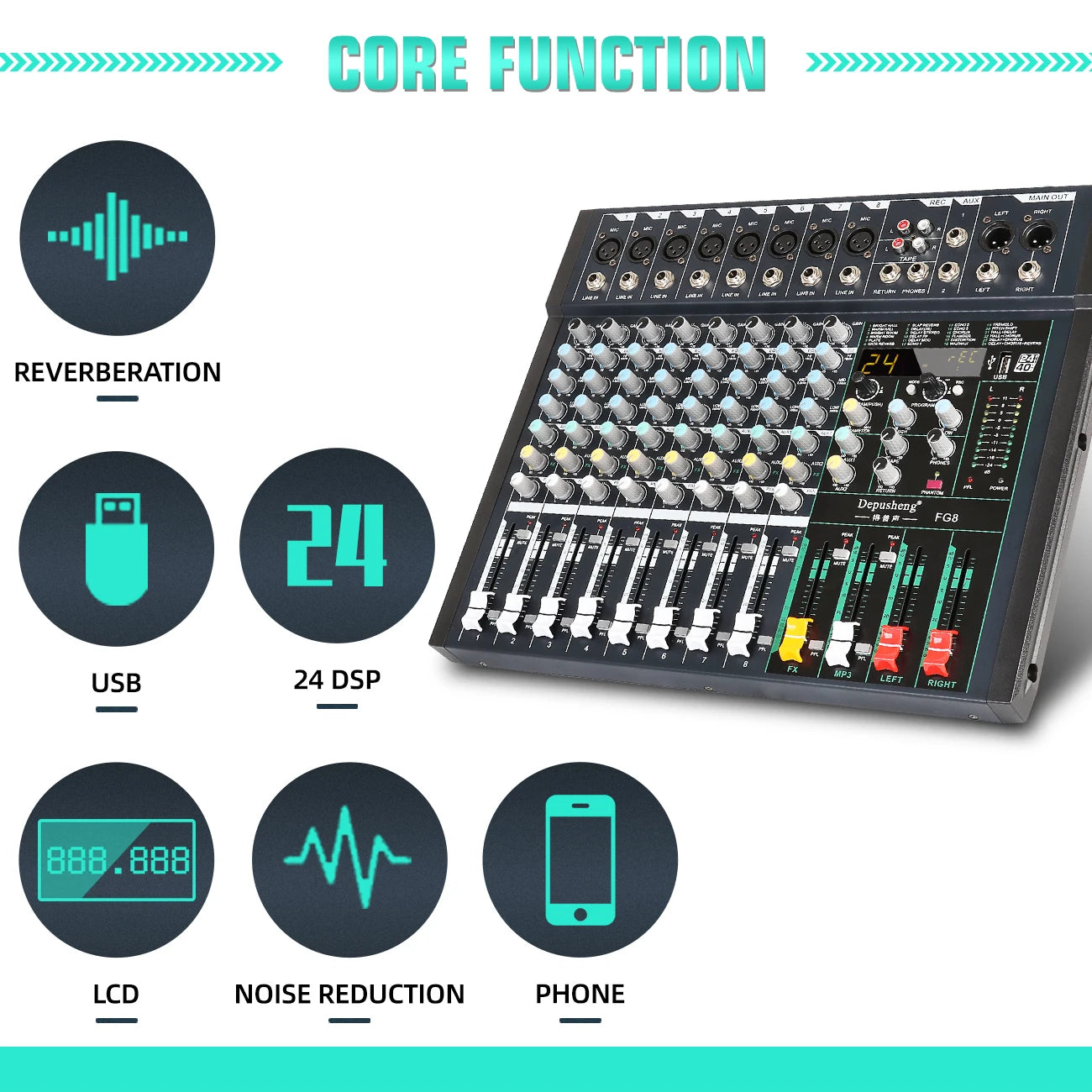 Audio Mixer Console 8/12 Channel DJ 24DSP Professional Audio Mixer