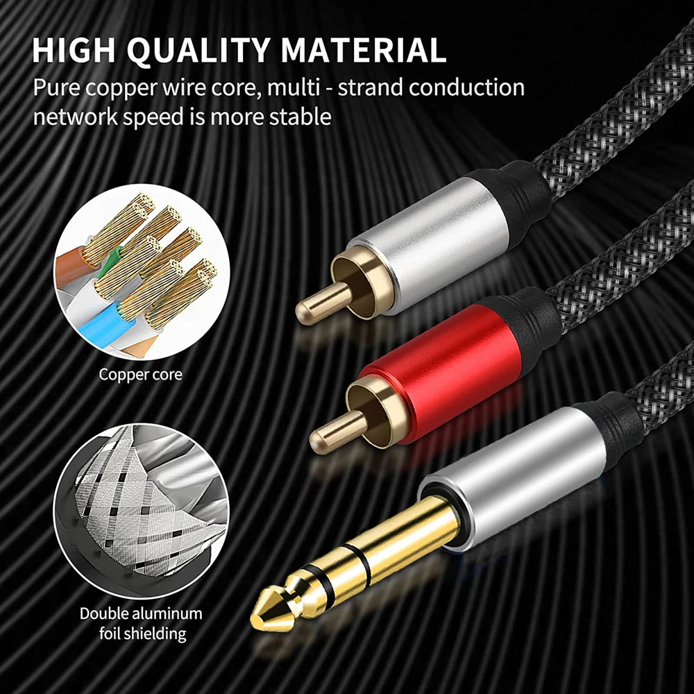 6.35mm Male to Dual RCA Male Splitter Cable — Professional 1/4" TRS to RCA Adapter with Gold-Plated Connectors (1m, 2m, 3m)